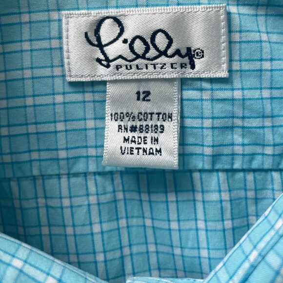 Vintage Lilly Pulitzer Women's LS Button-Up Shirt Size 12 Turquoise Plaid - Picture 4 of 6